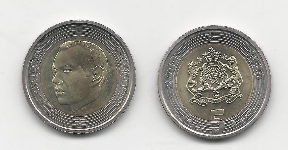 Morocco Maroc 5 DIRHAMS 2002 KM Y 109 Bimetallic UNC