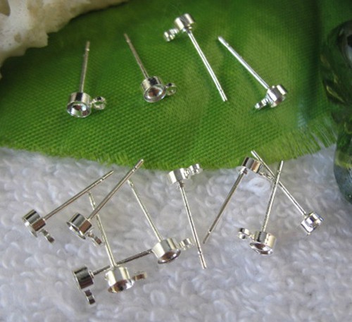 200PCS silver plate 3mm bezel on earring post w/ring
