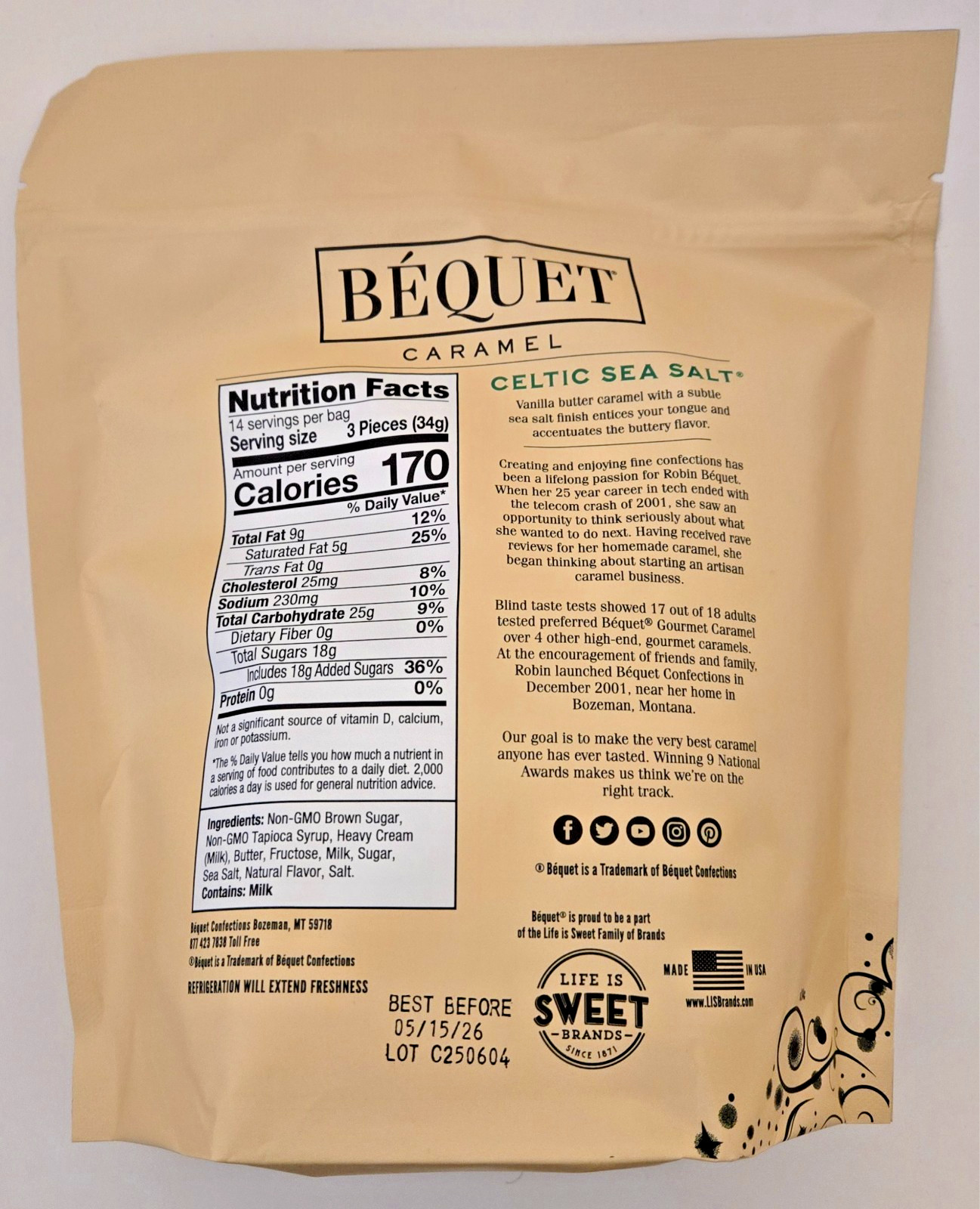 2 X Bequet Caramel Celtic Sea Salt Caramels 17.1 Ounce Bag exp 05/26