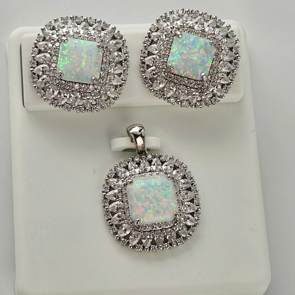 Solid 925 Sterling Silver Iridescent Earring & Pendant Set With Tons Of Sparkle