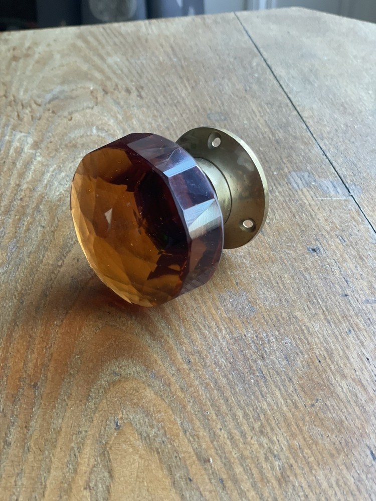 2 x Brass And Amber Glass Door Knobs, Handles Pair