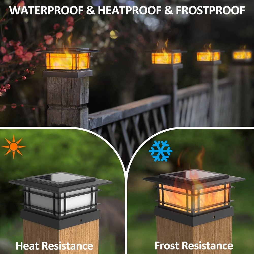 Dynaming 2 Pack Solar Post Cap Lights 2 Flickering Flame Lights, Black
