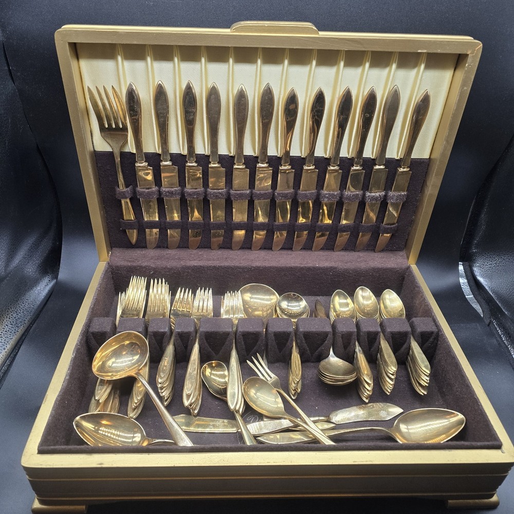 Dirilyte Regal Flatware Gold Dinnerware 93 Piece Vintage With Case Paperwork