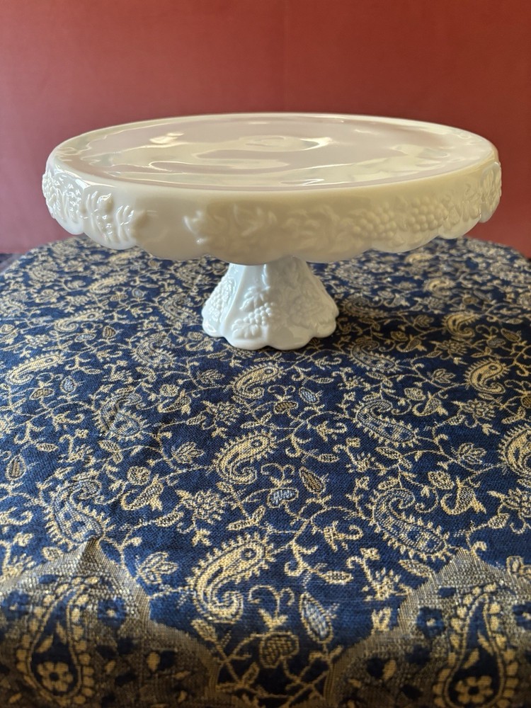 Cake Stand, Vintage, White Grape Pattern, Milk Glass.