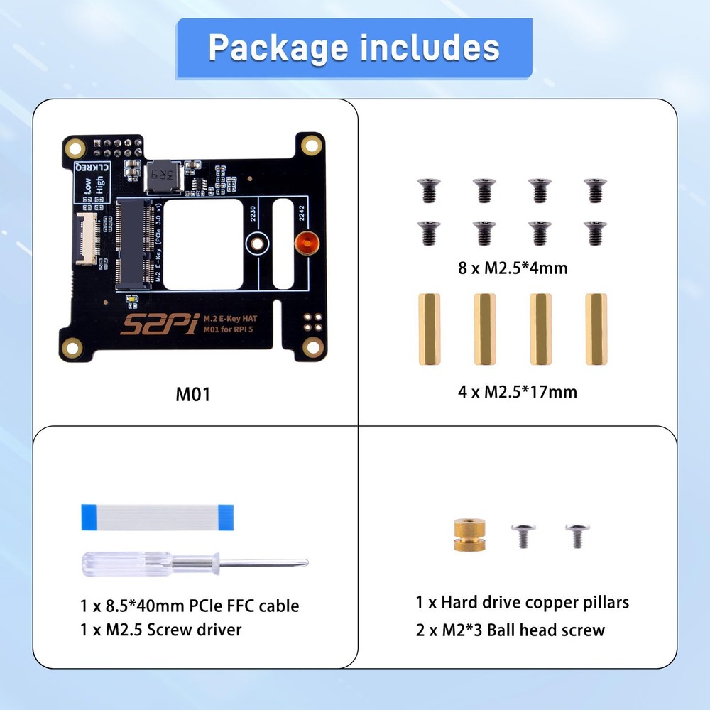M01 PCIe M.2 E-Key NVMe SSD PCIe Peripheral Board for Raspberry Pi 5 Support ...