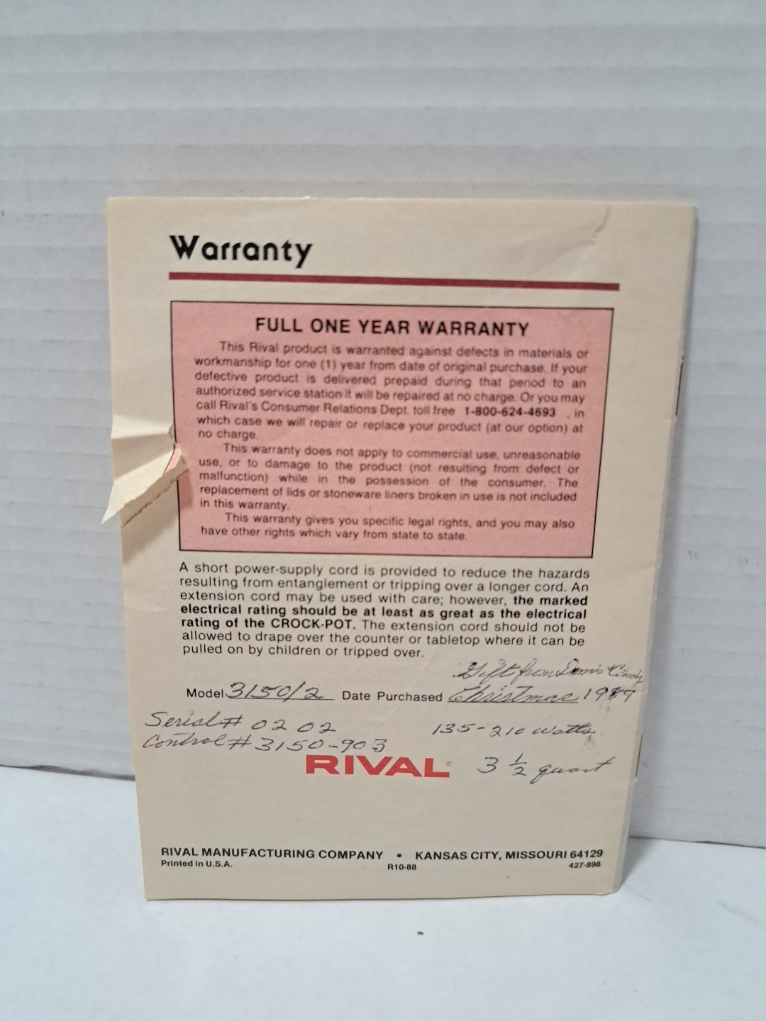 Vtg Rival Crock-Pot Stoneware Slow Cooker Instruction Manual & Recipes #3150