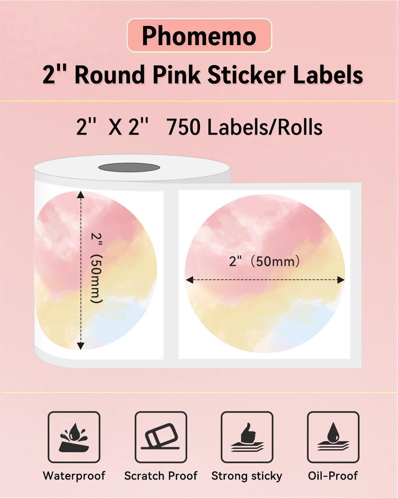 Phomemo 2" Direct Thermal Printer Label Self-Adhesive Round Sticker Address Tag