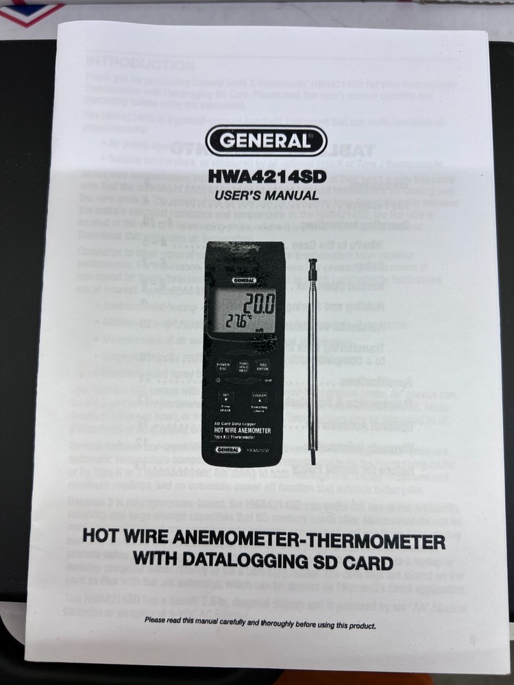 General Tools HWA4214SD Digital Hot Wire Anemometer, with Data Logging SD Card