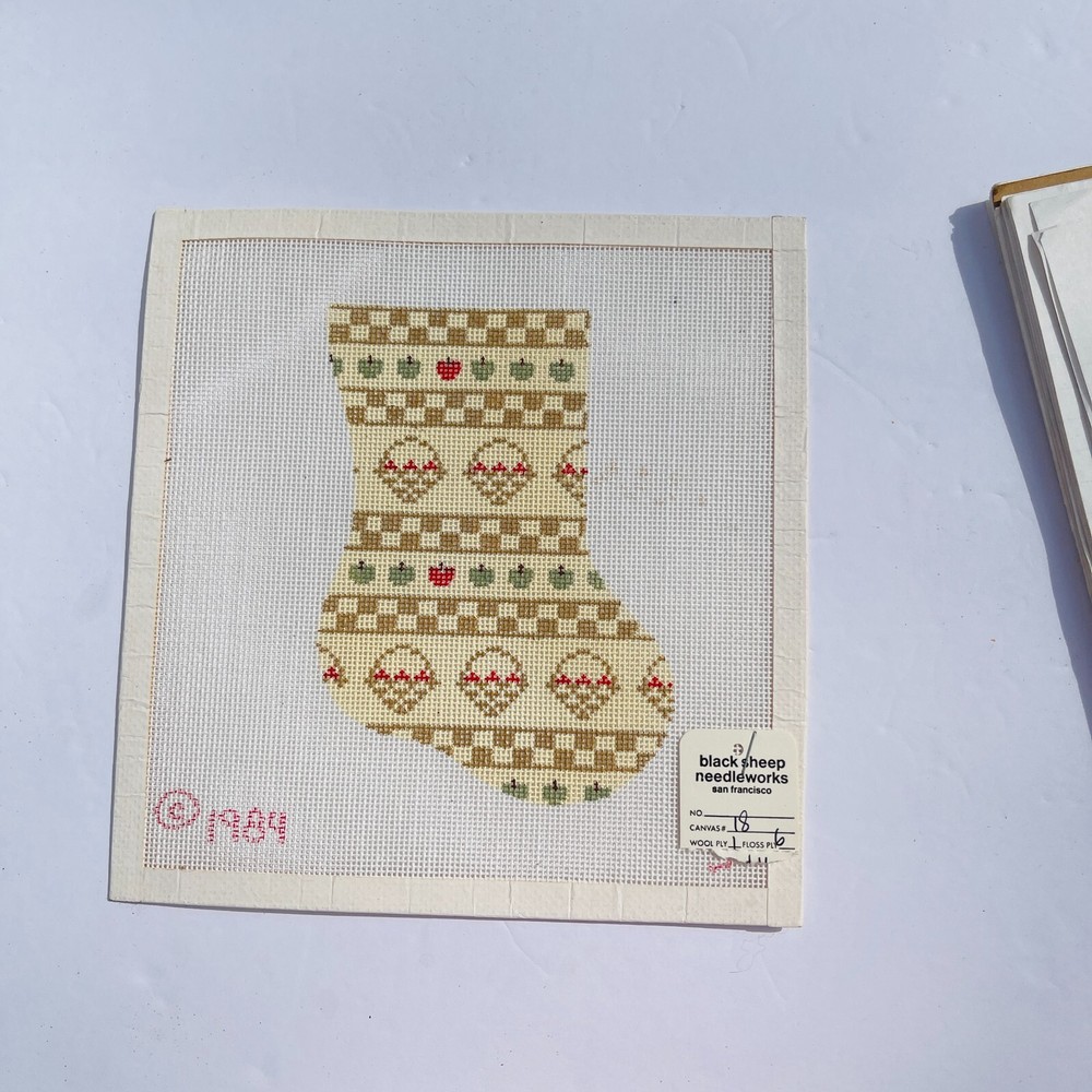 1984 Vintage Hand Painted Needlepoint Pattern Canvas Stocking Apples Baskets