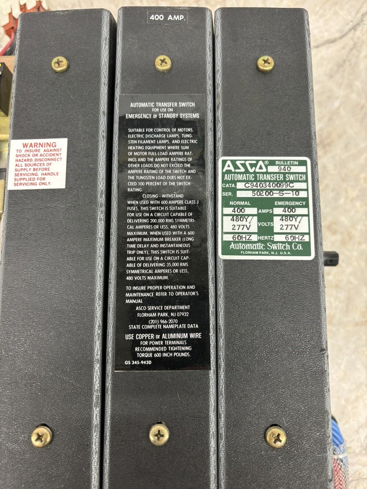 ASCO 400 Amp Automatic Transfer Switch 480 Volt Contactor Only