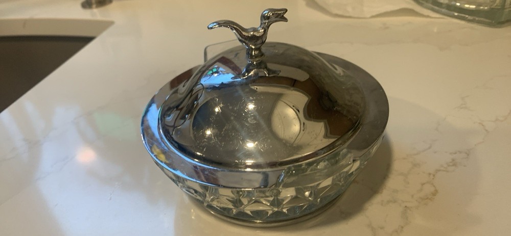 Continental Silver Co. Lidded Glass Dish with Duck On Lid