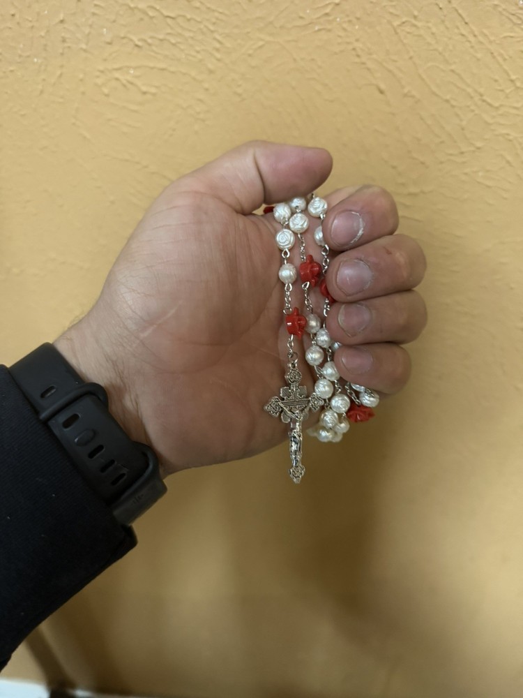 Long White And Red Rose Catholic Rosary