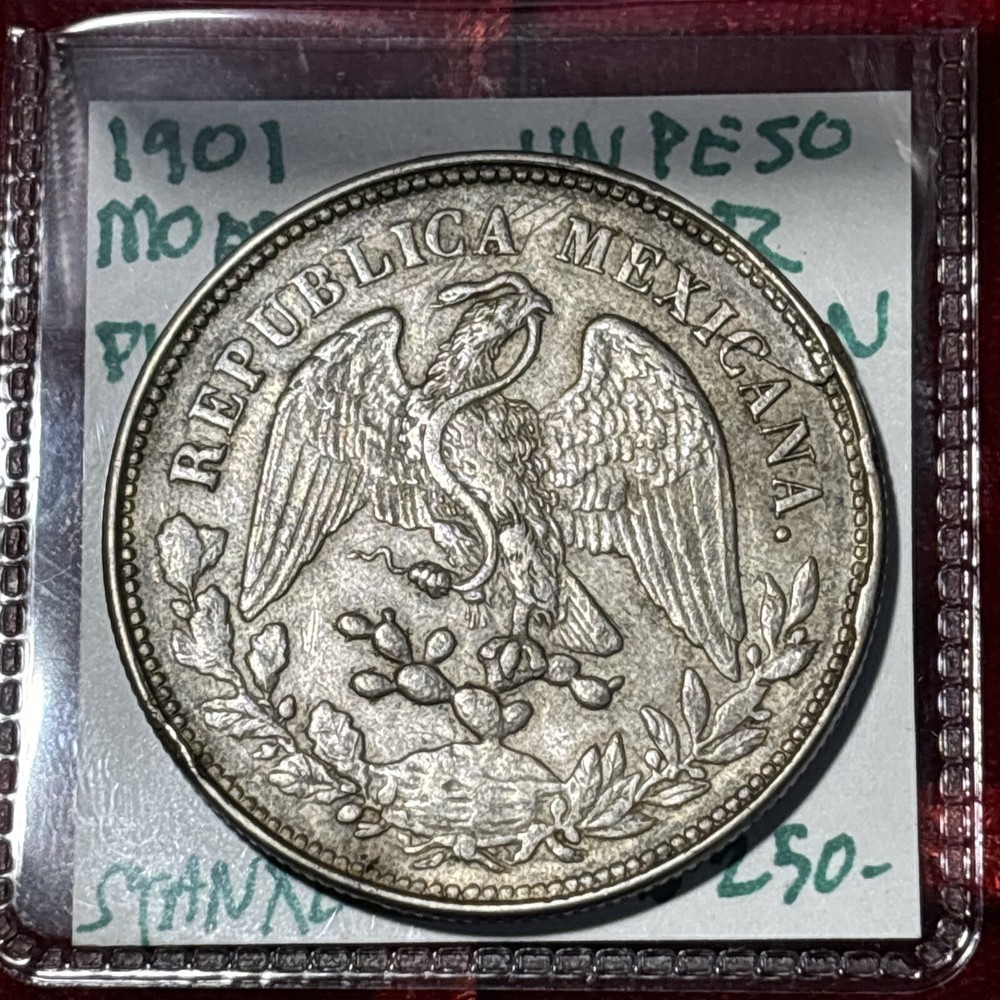 1901 Mo AM Mexico - Silver Peso Cap & Rays Error Planchette Lamination