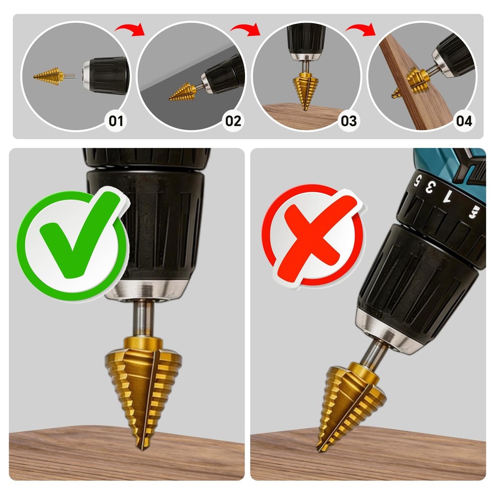 Rayjee 6-Piece Step Drill Bit Set, Titanium Coated, Straight Flute 6