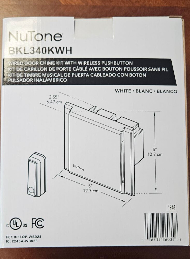Nutone BKL340KWH Wired Doorbell w/ Wireless Pushbutton, Chime Kit - WHITE