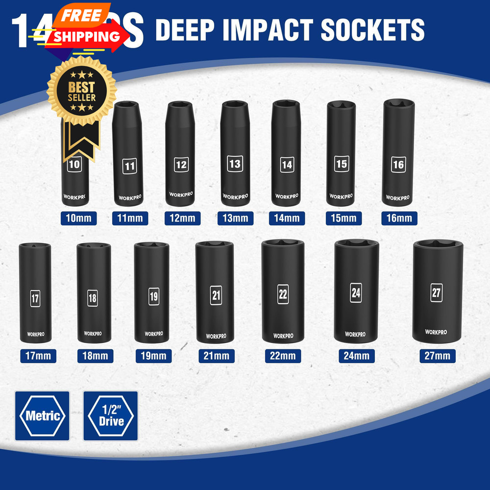 WORKPRO 14-Piece 1/2＂ Drive Deep Impact Socket Set, 6-Point Full Size, Black