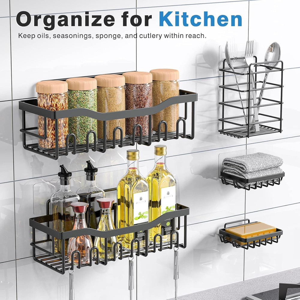 5-Pack Rustproof Stainless Steel Shower Caddy Set– No Drill Adhesive Bathroom Or