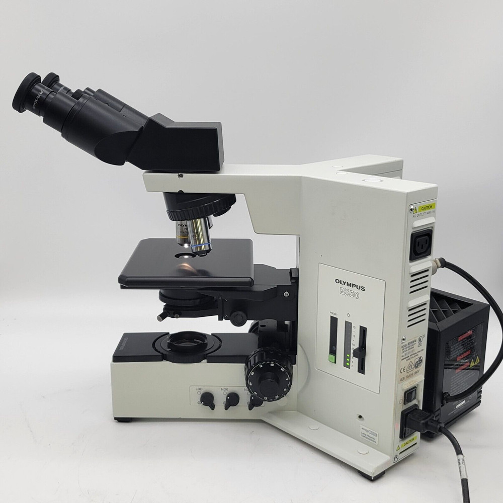 Olympus Microscope BX50 w. Binocular Head, Fixed Stage & 4x, 10x, 40x Objectives