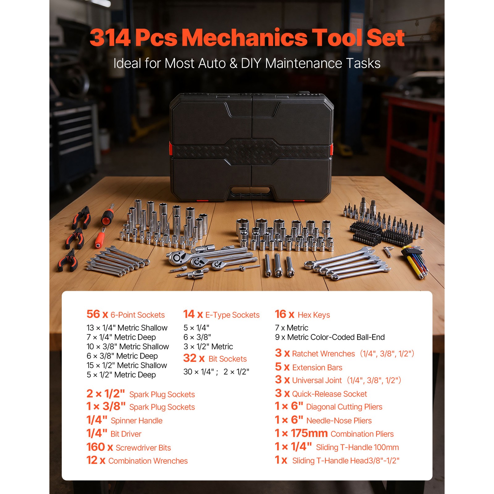Uimoso 314-Piece Mechanics Tool Kit with Metric Socket Set for Vehicle Repairs
