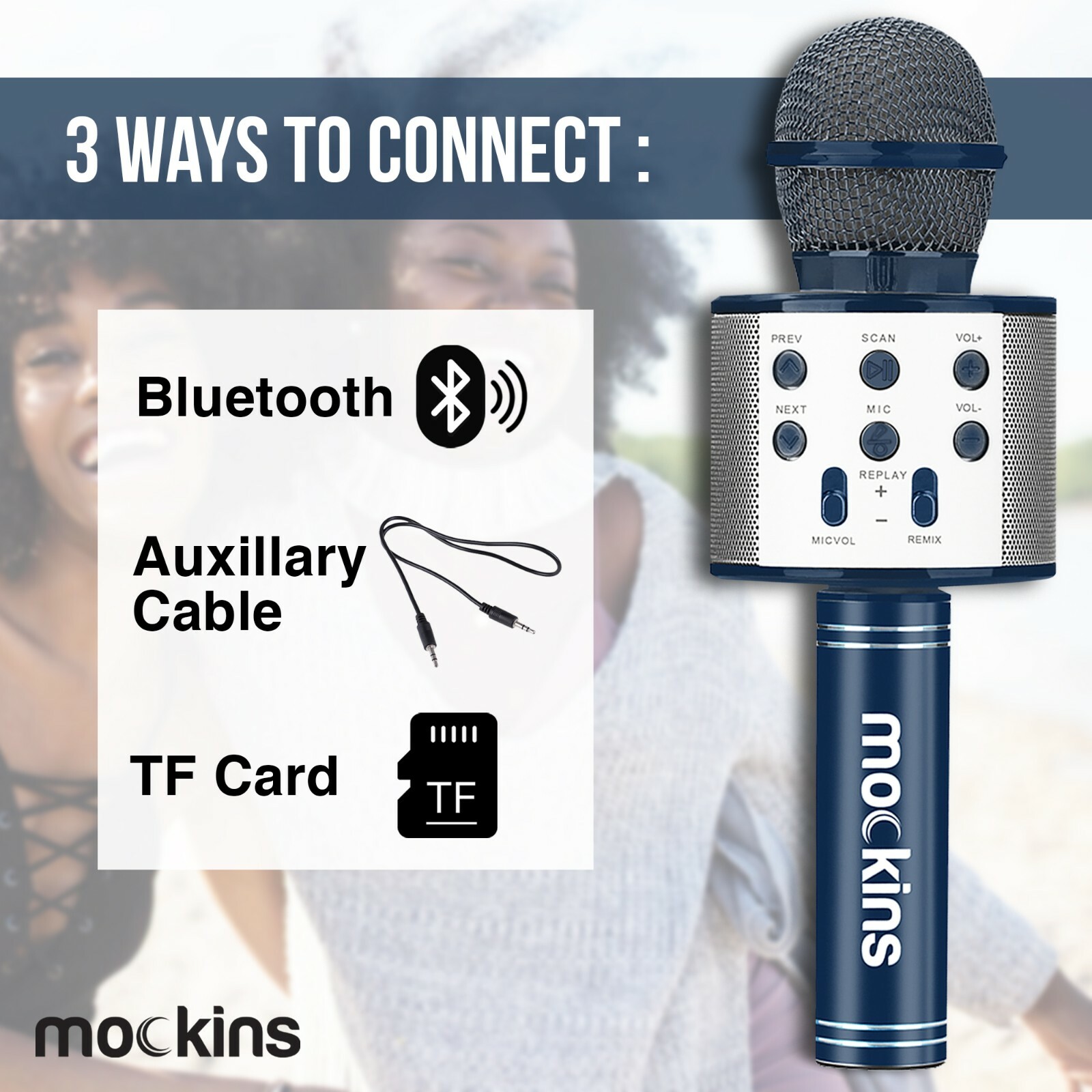 Mockins Wireless Bluetooth Karaoke Microphone, Navy, Holiday Gift kids