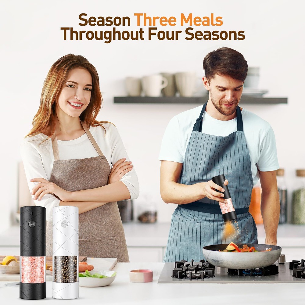 Rechargeable Salt & Pepper Grinders LED Light Adjustable One-Hand Use 2-Pack