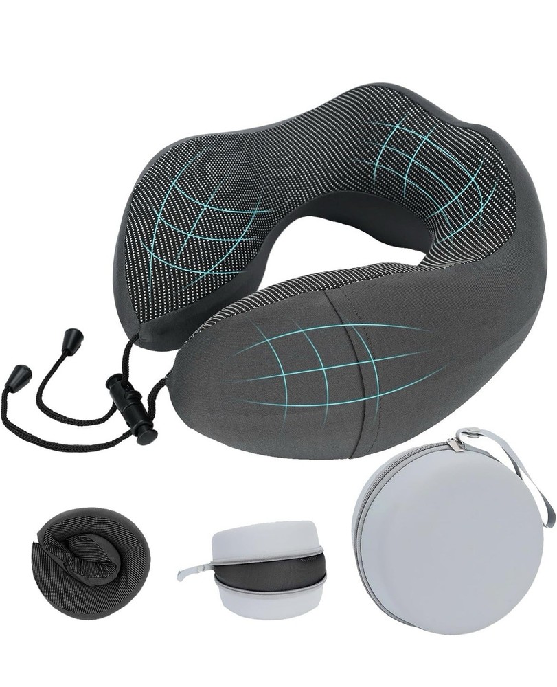 Dark Gray Memory Foam Neck Pillow with Carry Case