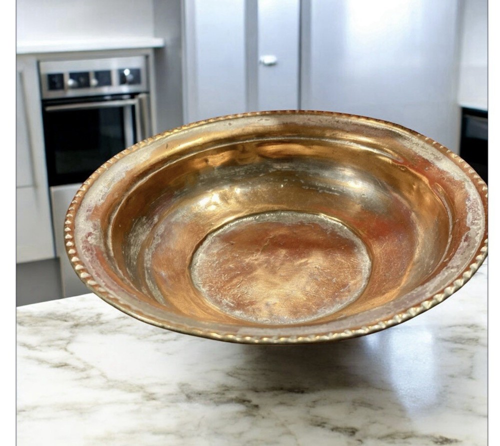 Antique Copper Bowl Handcrafted Hammered Rim Rustic Old World 7”