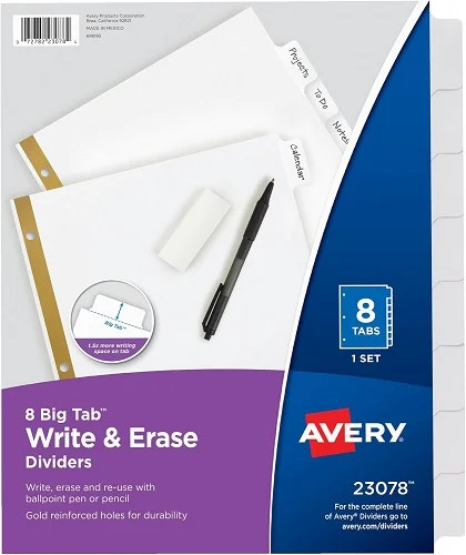 Avery Big Tab Write-On Dividers, 8-Tab Set (23078)