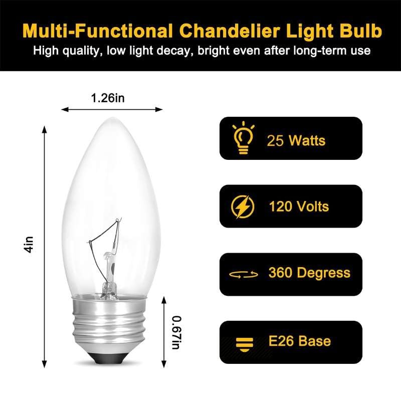 Incandescent Torpedo Tip Chandelier Bulbs - 25W Equivalent Dimmable Candle