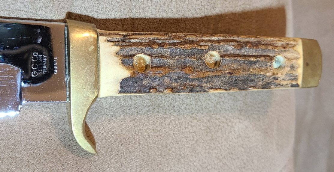 Large About 1 1/2 Pound Stag Bowie Indian Hunting Buffalo Scene Germany Chrome