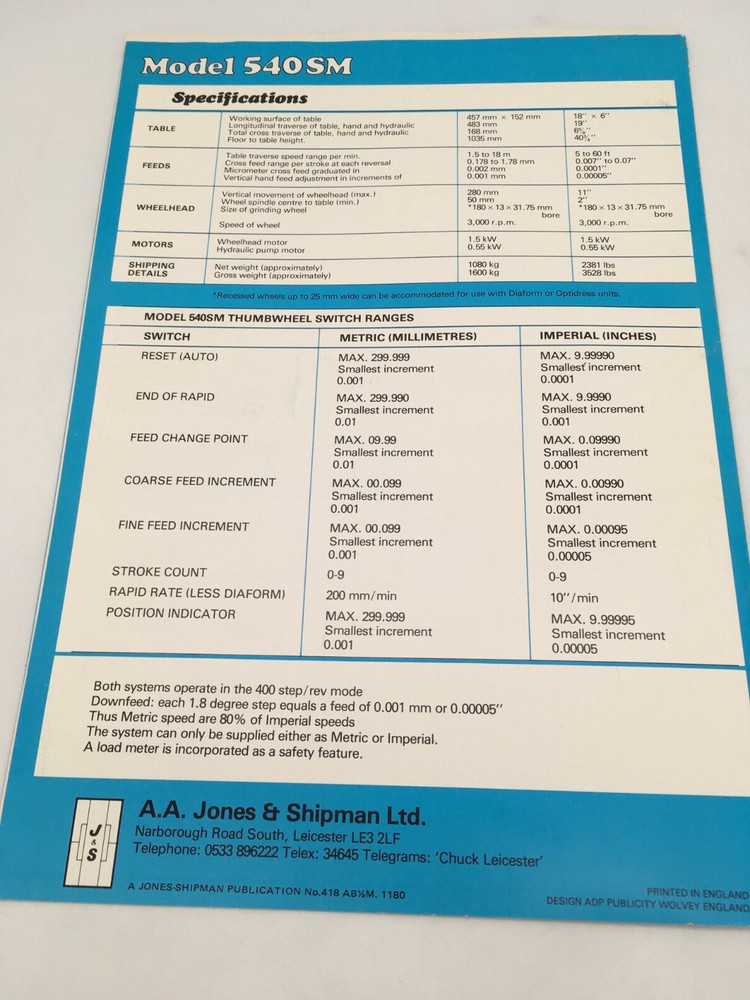 VINTAGE JONES-SHIPMAN SURFACE GRINDING MACHINE- SALES/SPECIFICATION BROCHURE
