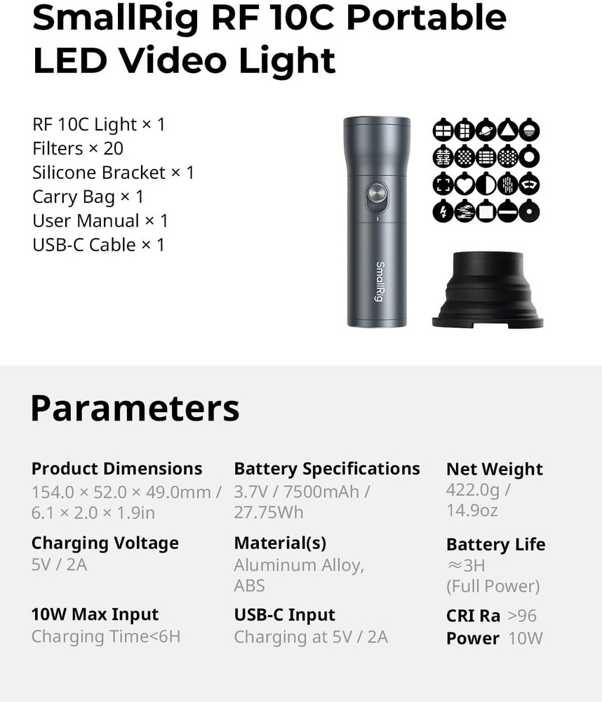 SmallRig RF 10C mini Spotlight LED Flashlight + 9.8 Inches Adjustable Magic Arm