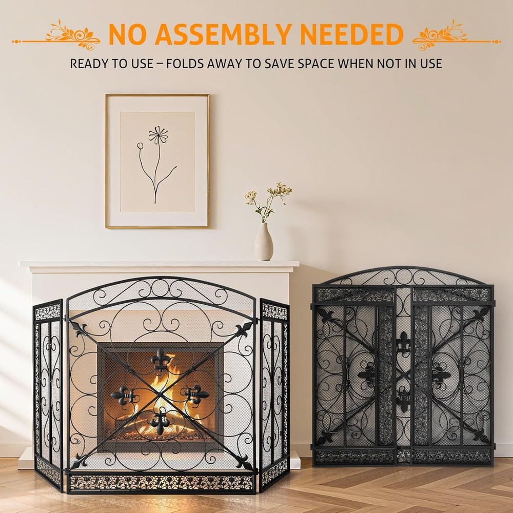 Fireplace Screen 3 Panel Cover Stand Alone Unit for Flexible Placement and Use