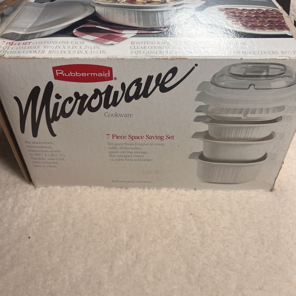 Rubbermaid Microwave Cookware 7 Piece Set White Space Saving Stackable Vintage