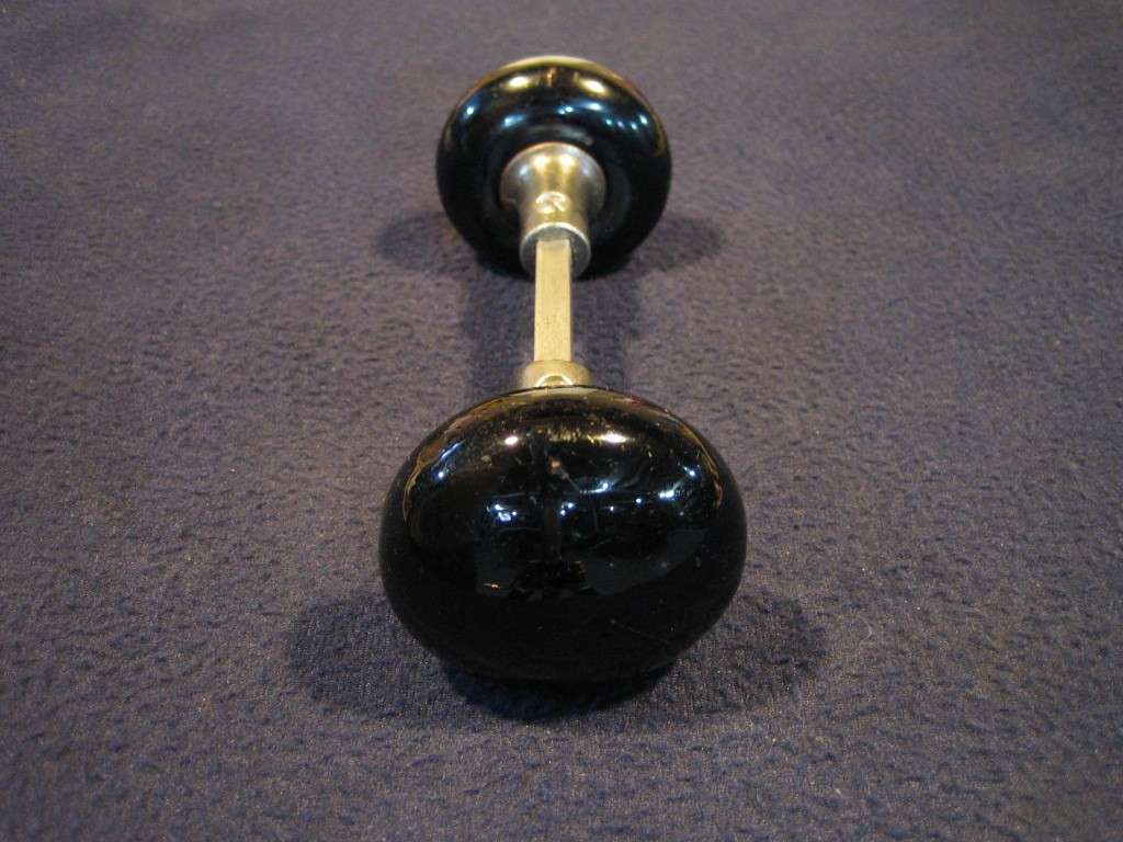 Nice Pair Antique Victorian Jet Black Porcelain Door Knobs 5/8 Shanks - 1890's