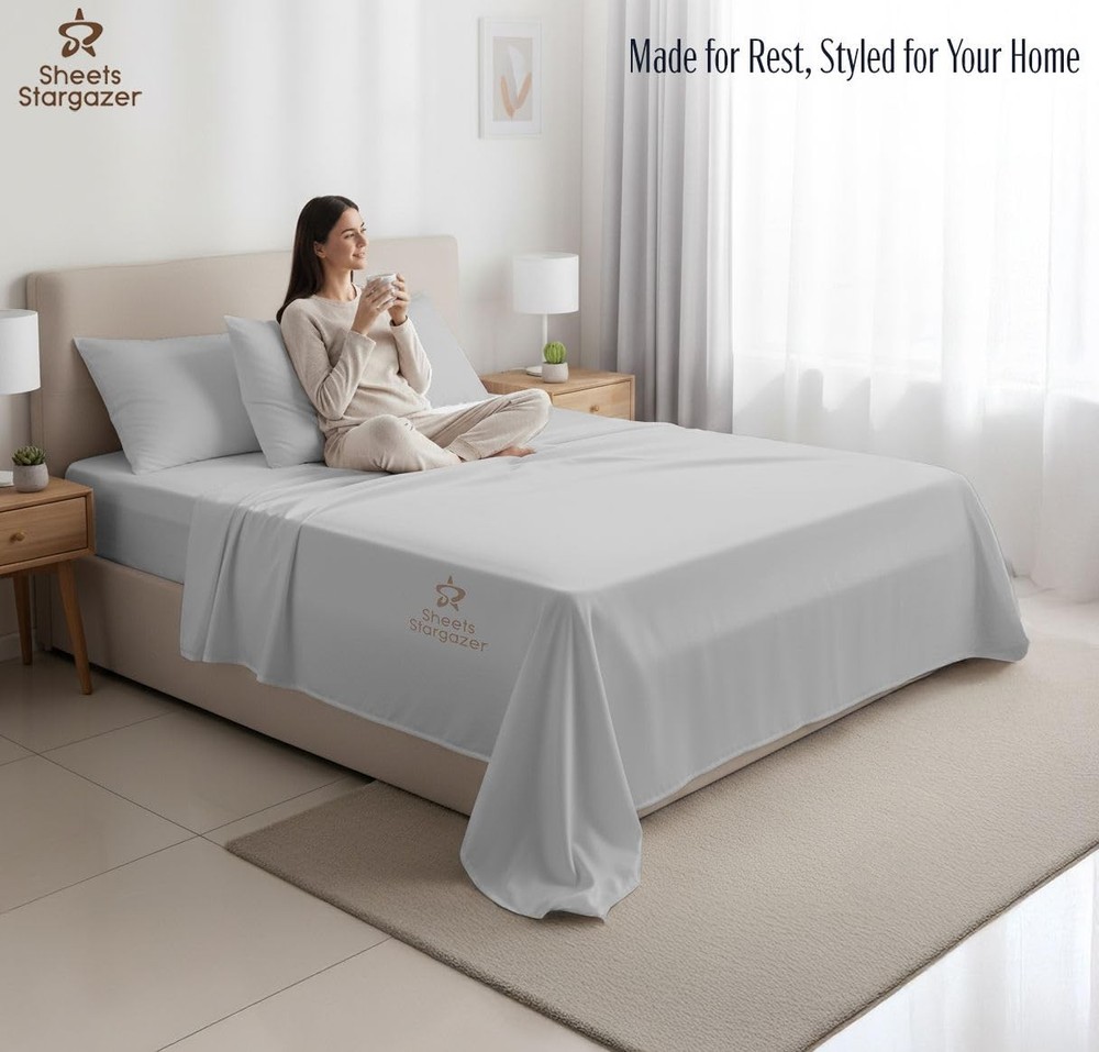 100% Egyptian Cotton Light Grey Sheets Set 1000 Thread Count 4Pc Sets, Luxury...