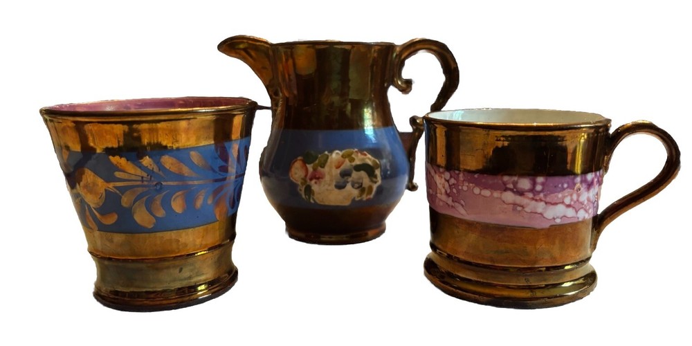 English Copper Luster Sm Pitcher Beaker Handle Cup Victorian  Blue Pink