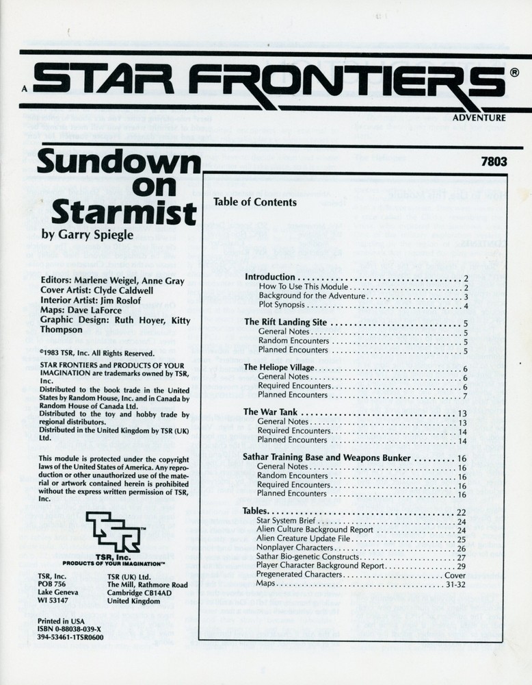TSR Star Frontiers Sundown on Star Mist Module 7803
