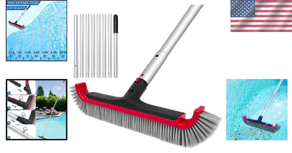 Efficient Swimming Pool Brush with Curved Nylon Bristles & Adjustable 10FT Pole