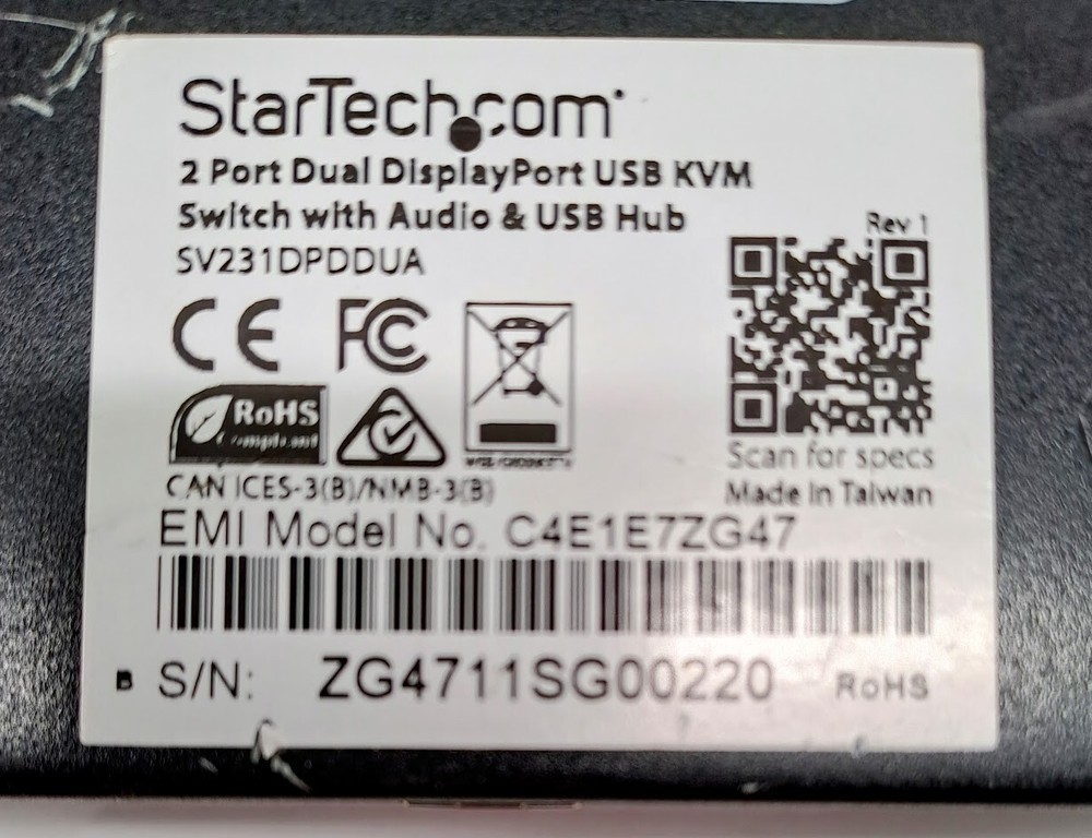 StarTech.com SV231DPDDUA Port Dual DVI USB KVM Switch / NO POWER ADAPTER