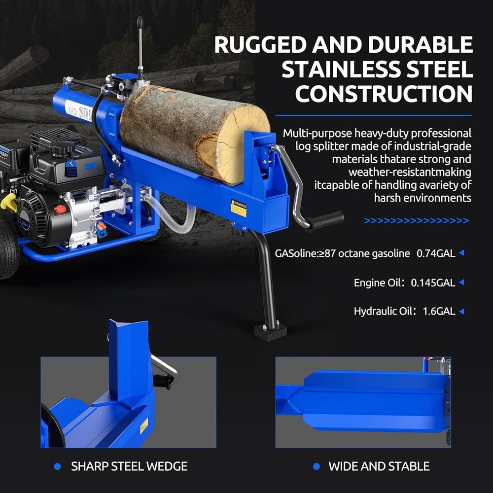 EFURDEN Gasoline Log Splitter Portable 20 Ton Auto Return Ram System 7HP Engine