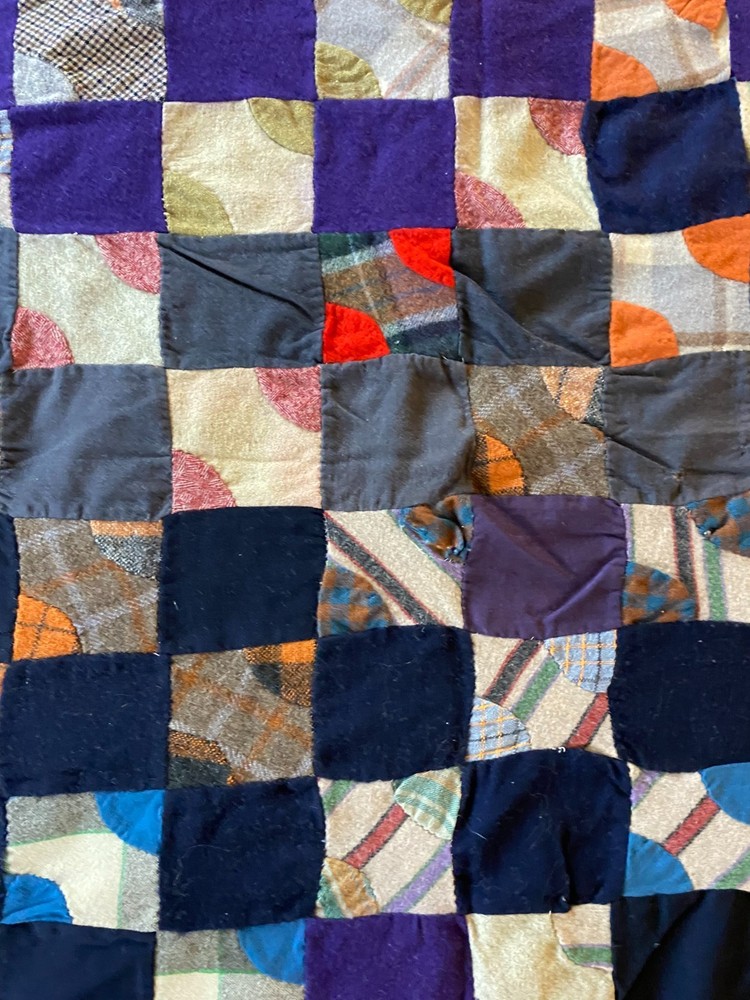 1920s Wool Quilt Drunkard’s Path Variation Antique Patchwork Blanket Heavy 80x65
