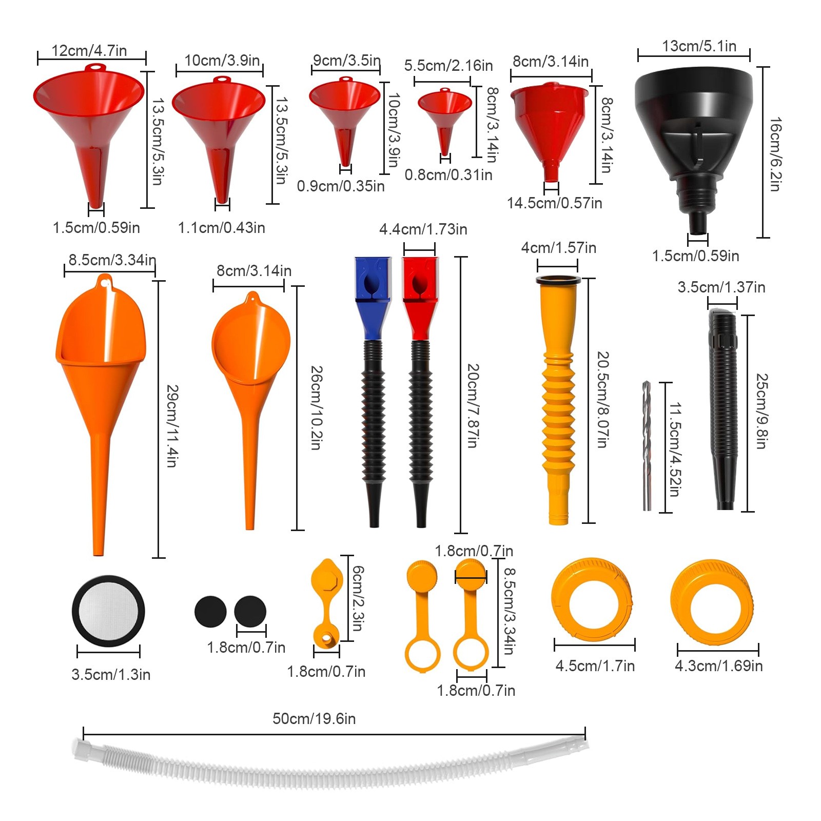 19 PCS Automotive Funnel Set w/ 9 Gas Can Spout Replacements Plastic Funnels Kit