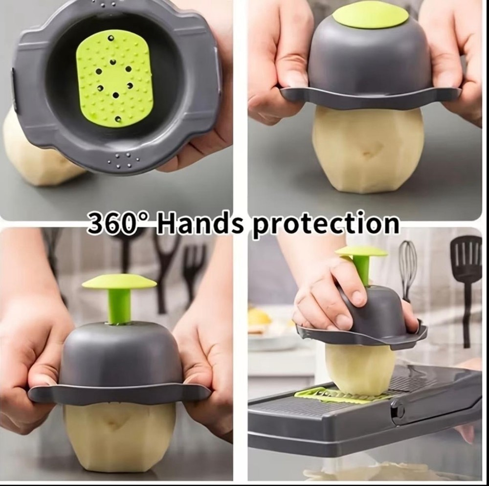 Multi-Function Push Food Chopper with Blades, Container, Green/Gray