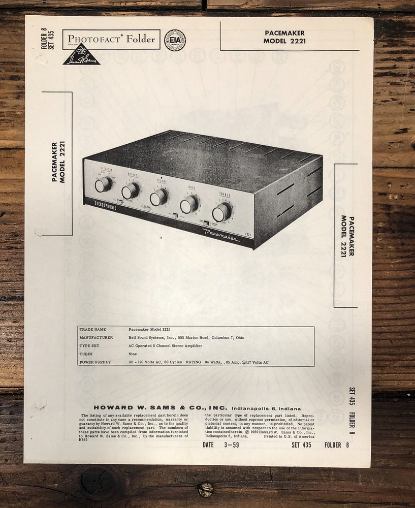 Pacemaker Model 221 Amplifier Sams Photofact Manual *Original*