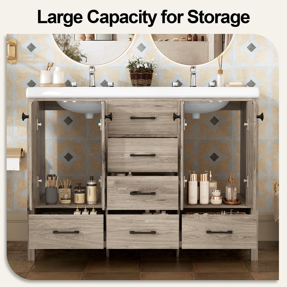 Premium Double Sink Vanity Combo with Two Ceramic Basins & Multi Layer Storage