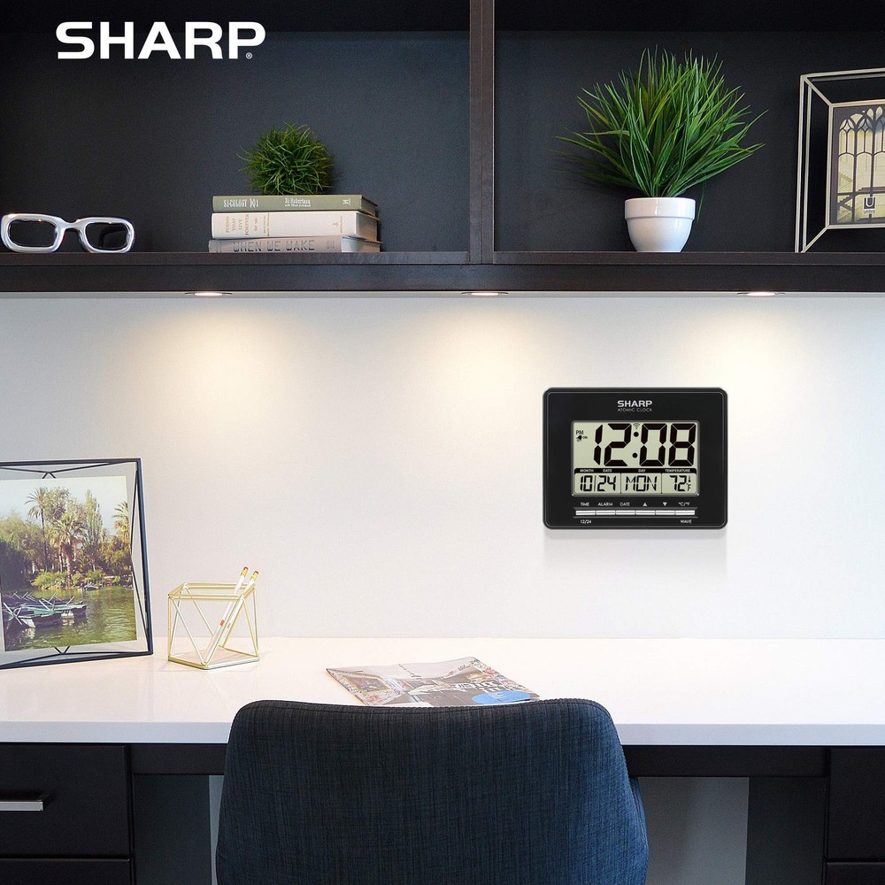 Sharp Atomic Desktop Clock – Auto Set Digital Alarm - Small, Black