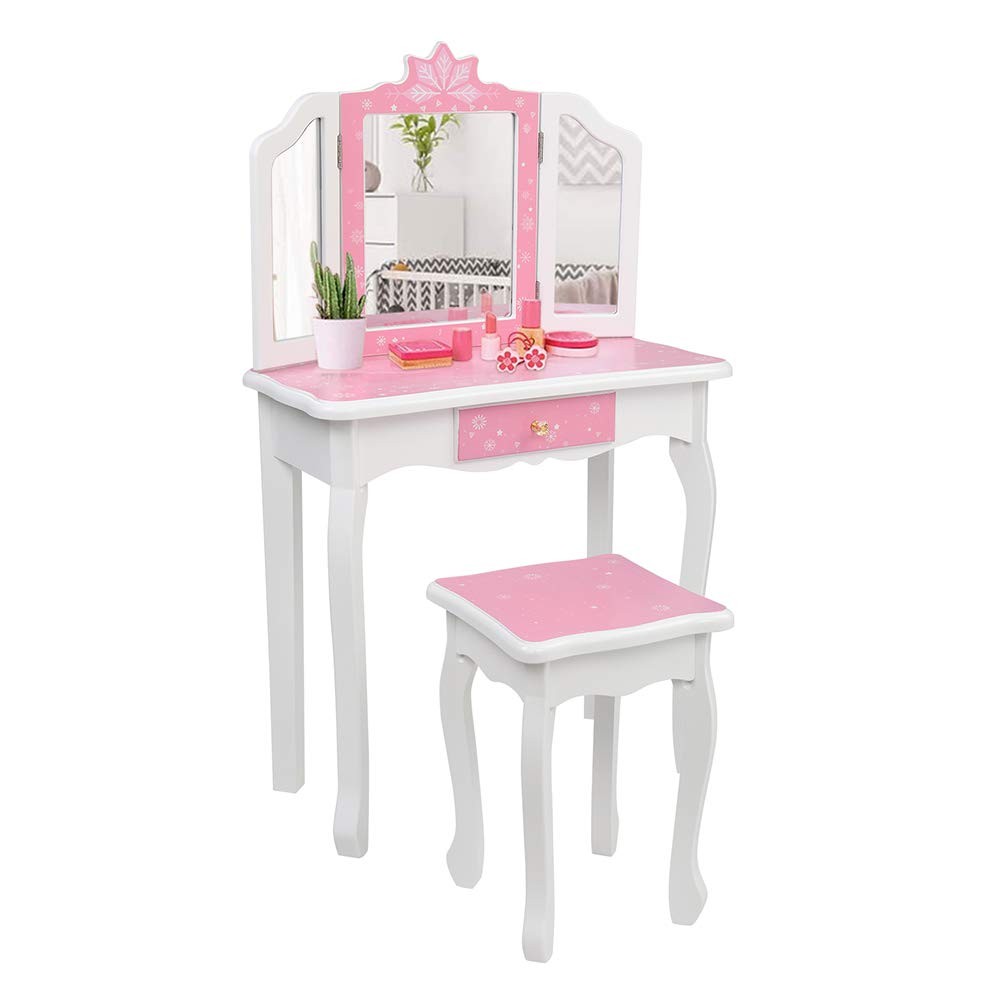 Vanity Table and Chair Set, Vanity Set with Mirror and Stool, Makeup Dressing...