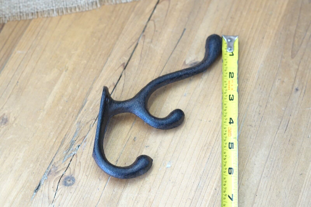 4 Cast Iron TRIPLE SCHOOL Style Coat Hooks Hat Hook Rack Hall Tree Tack Rustic