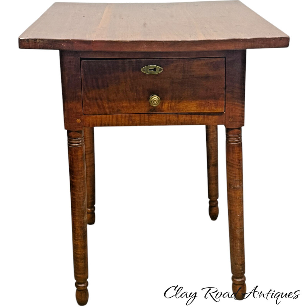 antique bench made tiger maple & walnut work table night stand end 1800s drawer